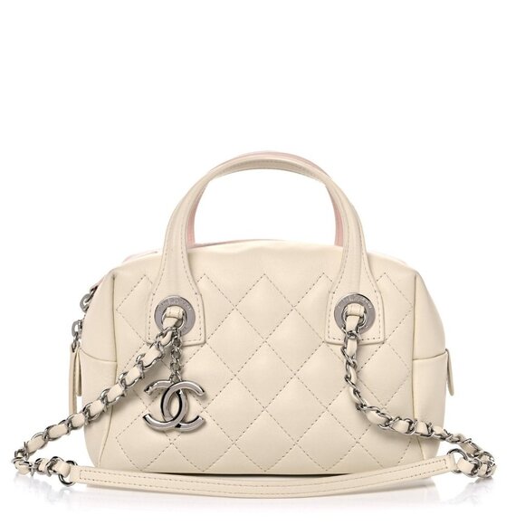 Authentic CHANEL Calfskin Quilted Feather Weight Bowling Bag Ivory Light Beige